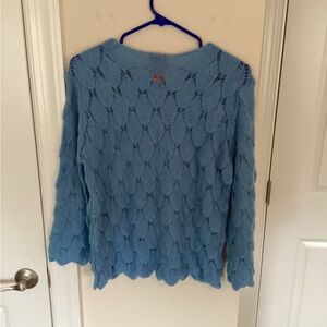 Cristina Blue Pullover Knit Sweater with Unique repeating scallop pattern, Small